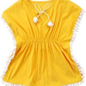 Little Girls Yellow Beach Coverup Pompom Tassel- 2-3T